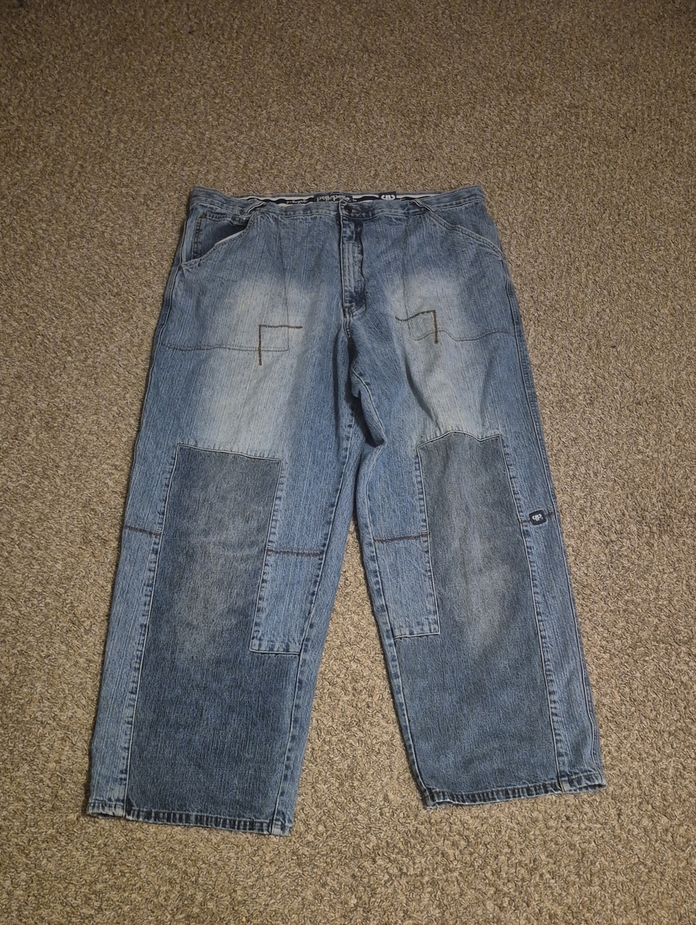 Extremely Rare 90s Pelle Pelle Men's Two-Tone Blue Patchwork Baggy Jeans